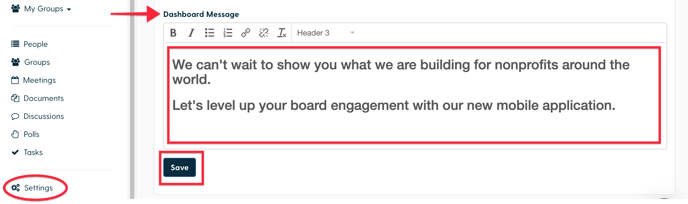 Dashboard Message Setup Boardable Screenshot