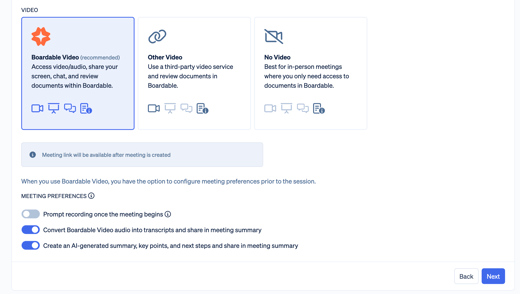 Boardable Video option is selected with 3 new toggle controls showing